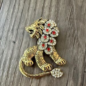 Gold-tone Lion Brooch with Red and Clear Rhinestones